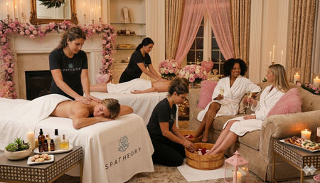 Women enjoying a luxe indoor spa party with massages, rose‑petal foot soaks, champagne, candles and pink floral decor in an elegant living room