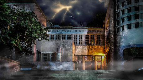 Eerie old high school facade at night beneath storm clouds and lightning, fog rolling over the front steps, a glowing lit entrance, a large tree at left, and a shadowy figure silhouetted on the roof.