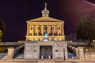 Historic neoclassical government building lit at night — columned façade with cupola and flag, statue on a raised stone terrace flanked by staircases and trees.
