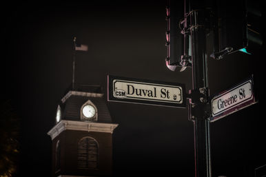 Moody nighttime scene of Duval St and Greene St signs on a lamppost, with an illuminated clock tower and waving flag blurred in the background.