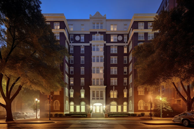 Multi-story historic brick apartment building at dusk on a tree-lined urban street, glowing ornate entrance and street lamps with parked cars nearby.