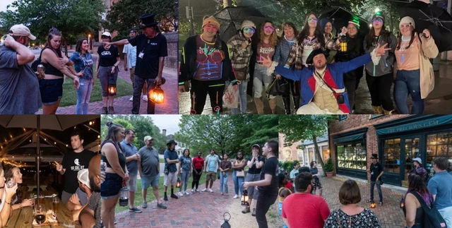 Collage of evening lantern walking tour scenes in a historic downtown — groups gathered on cobblestones listening to guides with lanterns, costumed guide posing with a lively group, umbrellas and glow glasses, plus an outdoor tavern stop; ghost/lantern walking tour vibes.