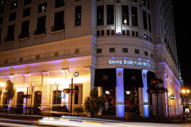 Nighttime corner of a grand downtown hotel with ornate stone façade lit purple and gold, black awnings, palm planters and blurred car light trails.