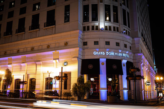 Nighttime corner of a grand downtown hotel with ornate stone façade lit purple and gold, black awnings, palm planters and blurred car light trails.