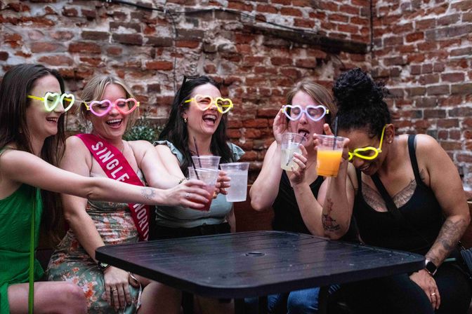 Five friends wearing neon heart-shaped glasses toasting drinks on an outdoor brick-walled patio, one wearing a bachelorette sash, laughing and celebrating.