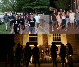 Group on a lantern walking tour in a historic downtown: daytime brick-lined stroll, friends posing on a brick street at night, and silhouetted participants gathered before an illuminated brick building.