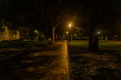 Lamp-lit brick walkway in a night park, lined with oak trees draped in Spanish moss, benches and warm streetlights casting long shadows with buildings faintly visible in the background.