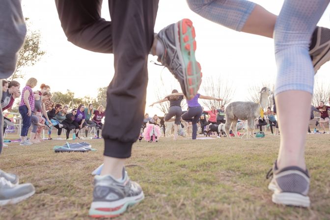 Low-angle shot of an outdoor group yoga/fitness class in a park, participants balancing on one leg with sneakers in the foreground and a friendly alpaca mingling among the crowd