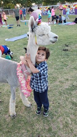 Young child hugging a white alpaca wearing a rainbow unicorn horn and pink flower lei at a family-friendly outdoor yoga event on a grassy park field