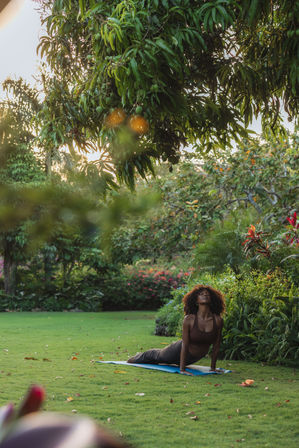 Woman practicing outdoor yoga in upward-facing dog on a blue mat on a green lawn in a lush tropical garden under an overhanging fruit tree at golden hour