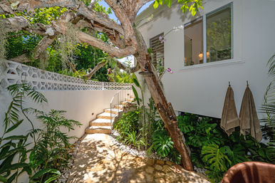 Sunny tropical courtyard patio with stone steps, a leaning tree holding a hanging outdoor shower and orchids, white stucco wall with window and towels, surrounded by lush monstera and palm greenery.