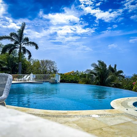 Infinity-edge pool at a tropical coastal villa with palm trees, lounge chairs, and a bright blue sky