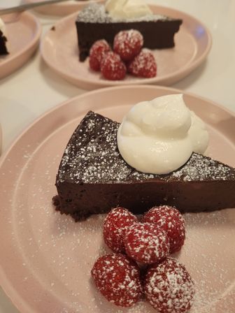 Close-up of a rich chocolate cake slice dusted with powdered sugar, topped with a swirl of whipped cream and paired with fresh raspberries on a pink dessert plate