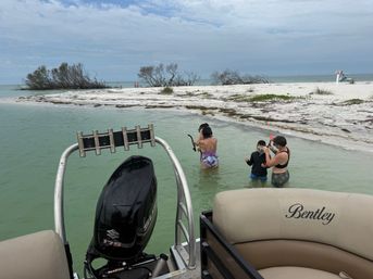 View from the back of a pontoon boat toward a white sandbar with low coastal trees; a group of people stand waist-deep in clear green water fitting snorkel gear under a cloudy sky.