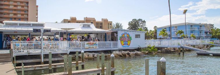 Sunny waterfront open-air restaurant and bar on a lively marina with wooden docks, palm trees and coastal condos in the background