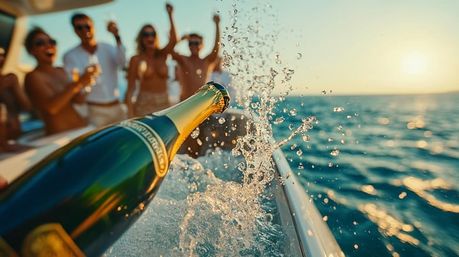 Champagne bottle spraying over a boat railing as silhouetted partygoers cheer against a sunlit ocean at sunset.