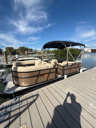 Tan pontoon boat with a black bimini canopy docked at a sunny Florida marina, calm water, palm trees and a boardwalk under a bright blue sky with wispy clouds.