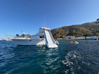 White motor yacht anchored in a sunny coastal cove with a large inflatable water slide into deep blue water, a nearby floating platform with people, and a tree-covered hillside and beach front in the background.
