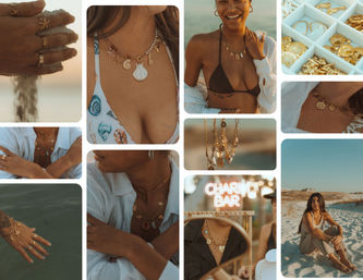 Beachy collage of gold jewelry and sunlit coastal portraits — shell and coin charm necklaces, stacked rings and bracelets, hands sifting sand, and women wearing boho accessories by the sea.
