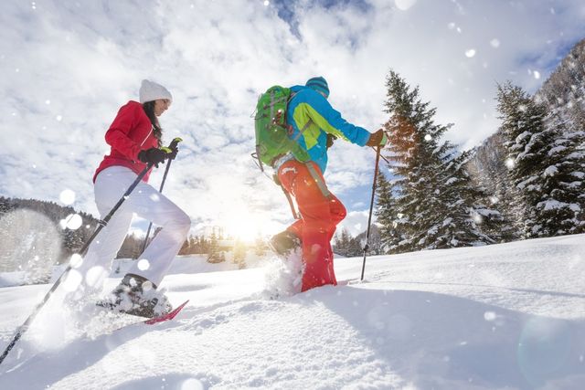 Two people in colorful winter gear snowshoeing uphill with trekking poles across a sunny, snow-covered mountain landscape dotted with evergreen trees.