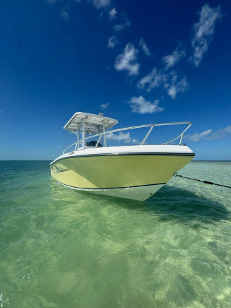 White center-console boat anchored in shallow crystal-clear turquoise water under a deep blue sky with scattered clouds — tropical coastal scene.