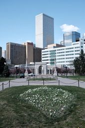 City park with triangular white tulip bed in the foreground, paved walkways leading to a classical stone memorial arch and columns, framed by downtown skyscrapers under a clear blue sky.
