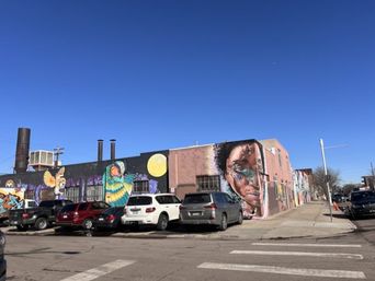 Colorful street murals on a low industrial building — a large painted face and vibrant bird motifs along an urban city block with parked cars and a clear blue sky.