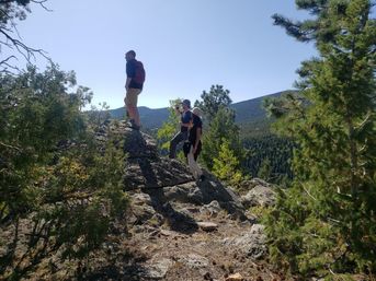 Three hikers standing on a rocky outcrop overlooking a pine‑covered mountain valley under a clear blue sky — scenic mountain hiking trail viewpoint