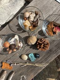 Sunlit outdoor wooden table vignette with three glass bowls of shells, acorns and dried botanicals, plus a pine cone, textured seed pod, polished stones, aqua sea glass, lavender sprigs and driftwood.