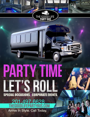 Black luxury party bus collage showing exterior vehicle, leather lounge seating with blue LED lighting, onboard bar and friends with drinks — ideal for special occasions and corporate events in New Jersey.