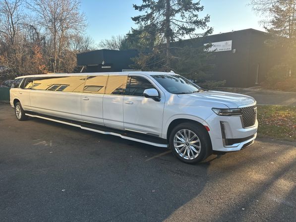 White luxury stretched SUV limousine parked in a suburban office lot at golden hour, reflective windows and tall trees in the background