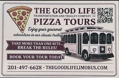 Vintage-style flyer featuring a classic trolley and pepperoni pizza slice promoting city pizza tours, with a bold headline, playful call-to-book banners and a QR code.