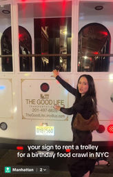 Person posing beside a white party trolley at night in Manhattan, NYC with red accent lights and a caption about renting a trolley for a birthday food crawl.