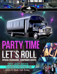 Collage ad showing a black luxury party bus exterior and neon-lit interior with leather wraparound seating, bar, and dance lighting, plus photos of smiling friends — party bus rental for special occasions and corporate events.
