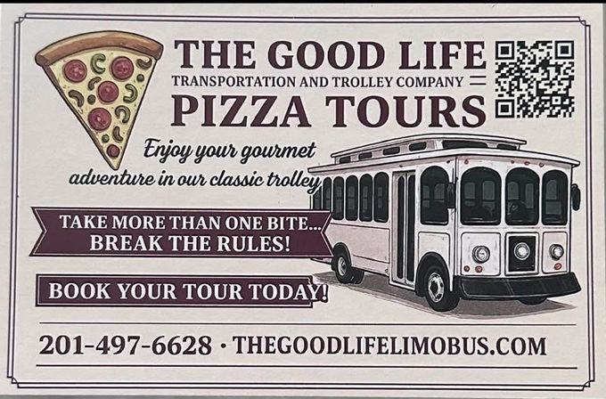 Vintage-style flyer for city pizza trolley tours featuring a pepperoni pizza slice, classic trolley illustration, QR code and a banner urging bookings.