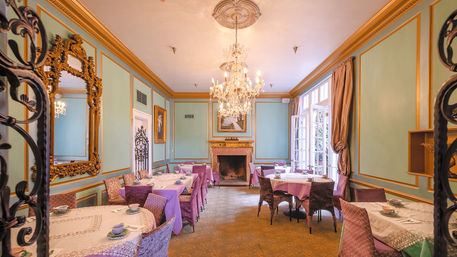 Elegant European-style dining room with mint-green walls, gilded mirror, crystal chandelier, marble fireplace, and lavender-clothed tables set for tea by French doors.