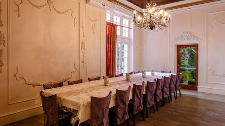Elegant formal dining room with a long lace-draped banquet table, purple velvet chairs, ornate plaster moldings, a crystal chandelier, tall windows and a garden-view door.