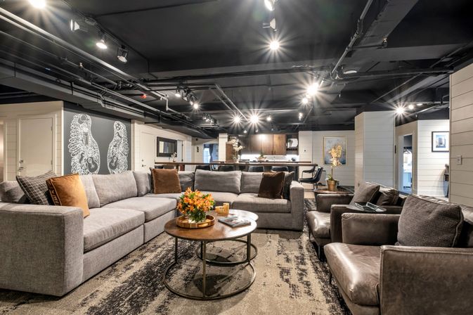 Modern open-concept basement living room with a large gray sectional, leather armchairs, round wood coffee table with orange flowers, exposed black industrial ceiling and track lighting, and a kitchen island in the background — cozy urban-chic.