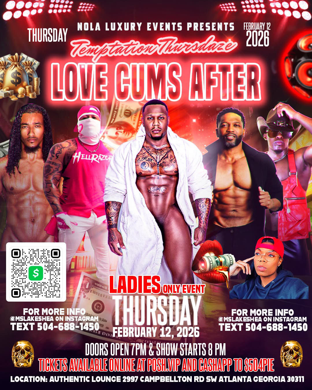 Neon promo poster for a ladies-only male revue in Atlanta on Feb 12, 2026 — shirtless muscular dancers in robes and costumes, money graphics, stage lights and a QR code.