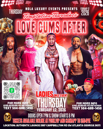 Neon promo poster for a ladies-only male revue in Atlanta on Feb 12, 2026 — shirtless muscular dancers in robes and costumes, money graphics, stage lights and a QR code.