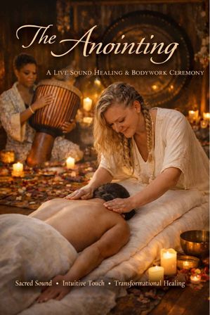Candlelit sound-healing bodywork session — practitioner massaging a client's back while a musician plays a hand drum by a gong, surrounded by candles, singing bowls and flower petals.