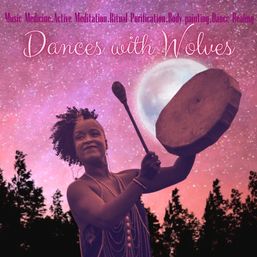 Person playing a hand drum with a mallet beneath a pink starry sky and full moon over a silhouetted forest, poster-style image with text 'Dances with Wolves' promoting drum circle, dance healing and full-moon ritual.