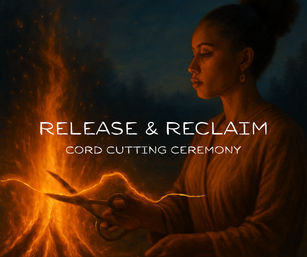 Profile of a woman cutting a glowing cord with scissors over a bonfire at a nighttime outdoor 'Release & Reclaim' cord-cutting ceremony — spiritual ritual about healing and letting go.