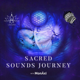Vibrant indigo sound-healing event poster showing two overlapping profiles—a bald person in profile and a translucent musician holding strings—beneath a glowing Flower of Life symbol, swirling blue energy and the title 'Sacred Sounds Journey'.