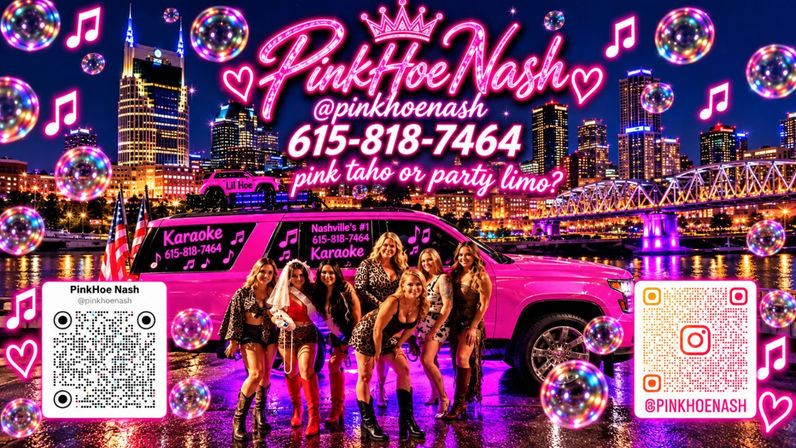 Group of women posing in front of a bright pink party limo with the Nashville skyline at night, neon karaoke signage, floating musical notes, colorful bubbles and QR codes.