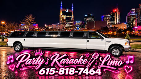 White stretch party karaoke limo parked at night with illuminated downtown Nashville skyline in the background and bright neon-pink party graphics and musical icons across the foreground.