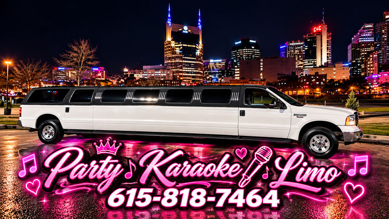 White stretch party karaoke limo parked at night with illuminated downtown Nashville skyline in the background and bright neon-pink party graphics and musical icons across the foreground.