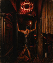 Woman seen from behind in a black sequined gown with a high slit posing in a dim, red-lit club hallway beneath a glowing neon eye sign, vintage wood panels and fringed curtains creating moody, retro glamour.