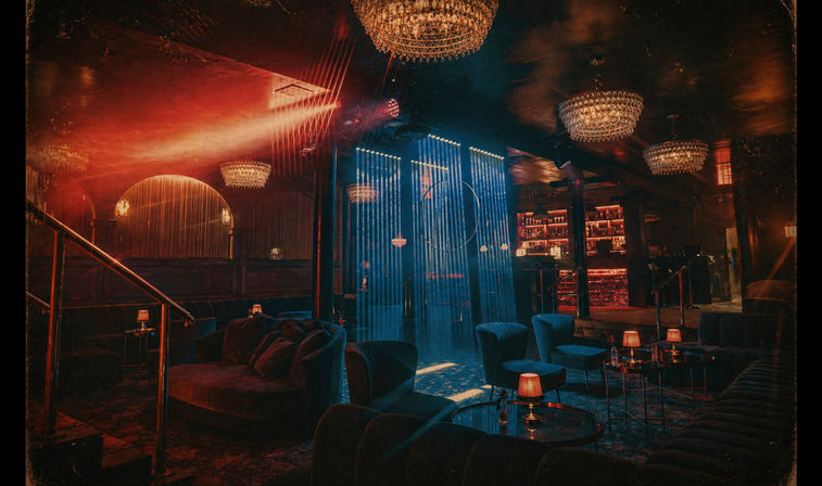 Upscale speakeasy-style lounge interior with plush velvet seating, small table lamps, crystal chandeliers, a glowing backlit bar and vertical blue LED light curtain under moody red and blue ambient lighting.