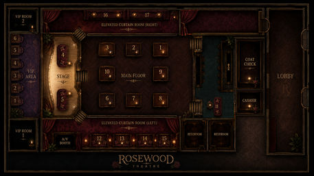 Top-down vintage theater seating map in dark red velvet style showing a stage with lounge sofas, numbered main-floor tables, elevated curtain rooms, VIP booths, A/V booth, bar, coat check, cashier, restrooms and a lobby.